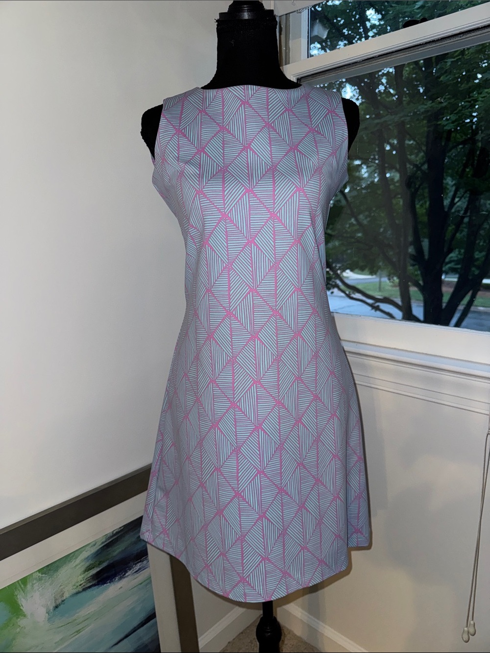 MAHI GOLD Sleeveless A-Line Dress in Light Blue and Pink Geometric